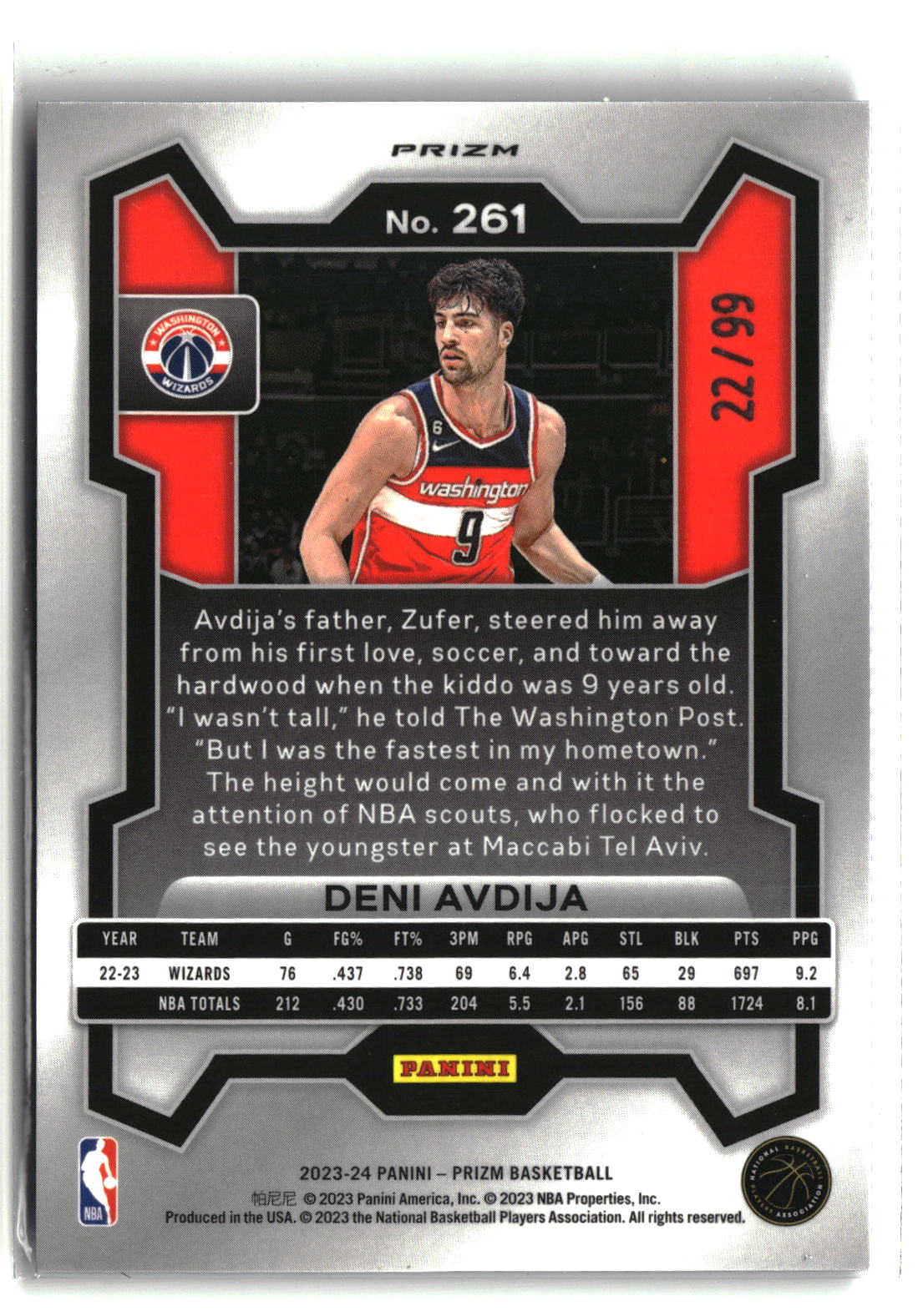 Deni Avdija 2023-24 Panini Prizm Prizms Purple #261 #/99