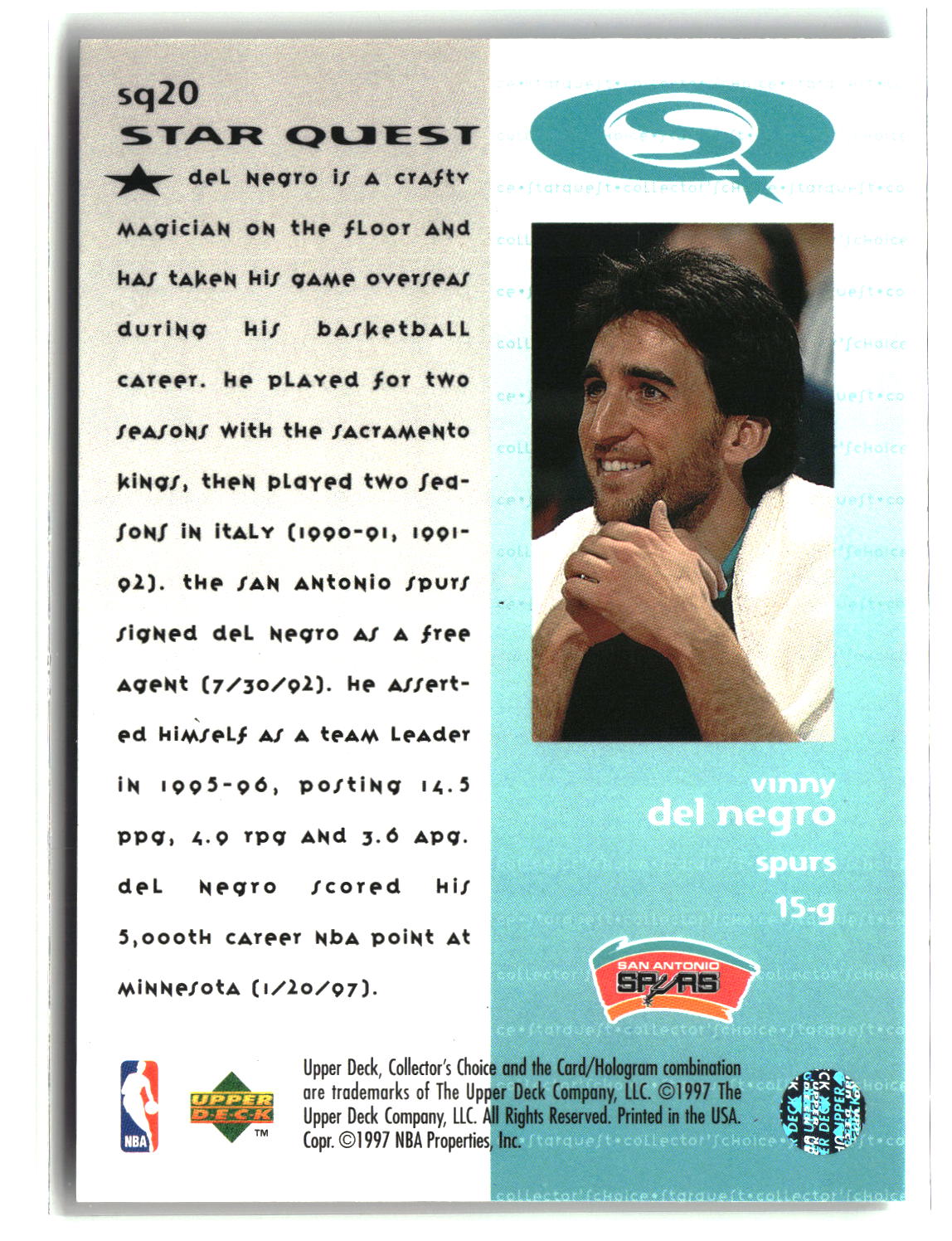 Vinny Del Negro 1997-98 Collector's Choice StarQuest #SQ20