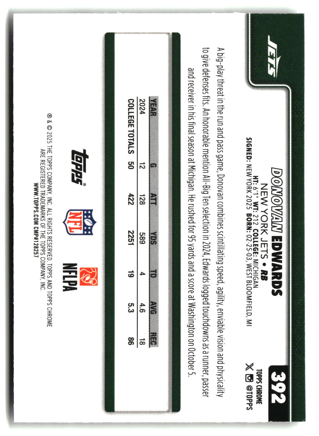 Donovan Edwards 2025 Topps Chrome #392