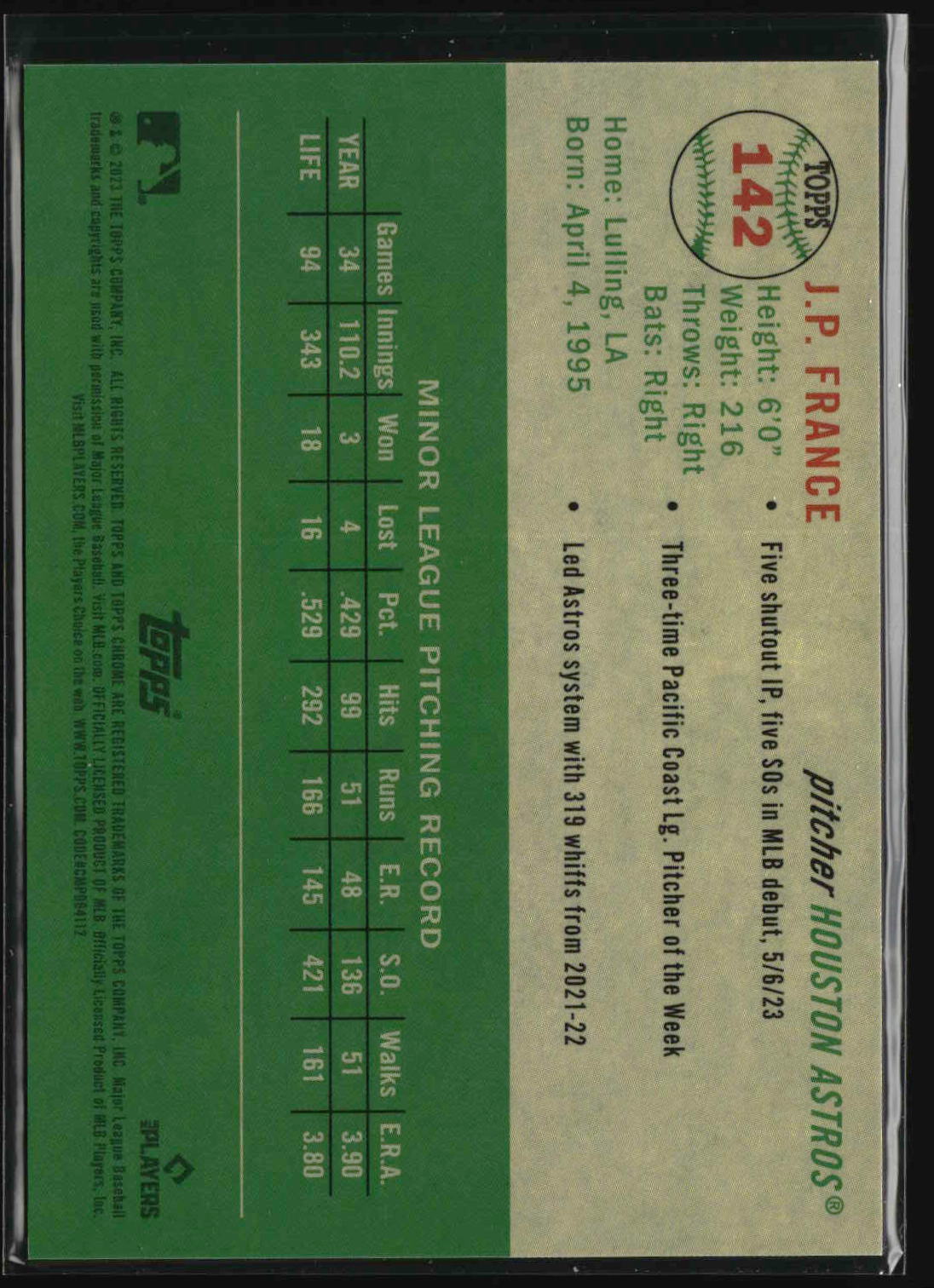 J.P. France 2023 Topps Chrome Platinum Anniversary Green Wave #142 #/99