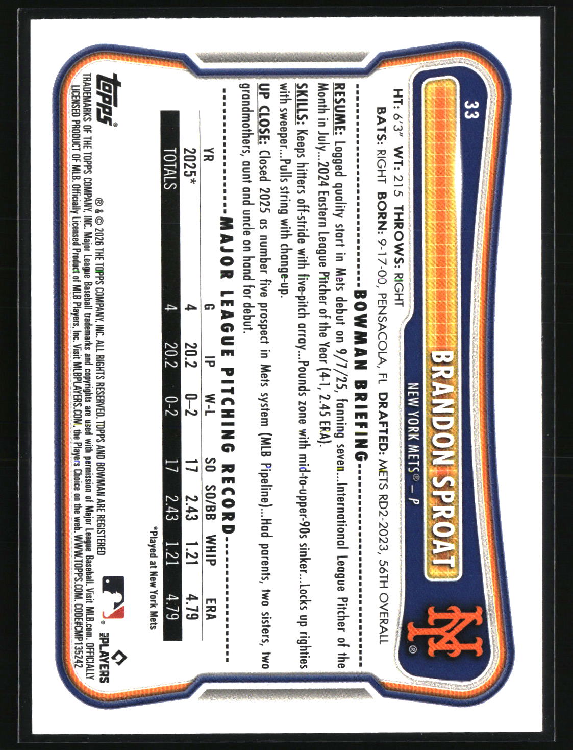 Brandon Sproat 2026 Bowman #33