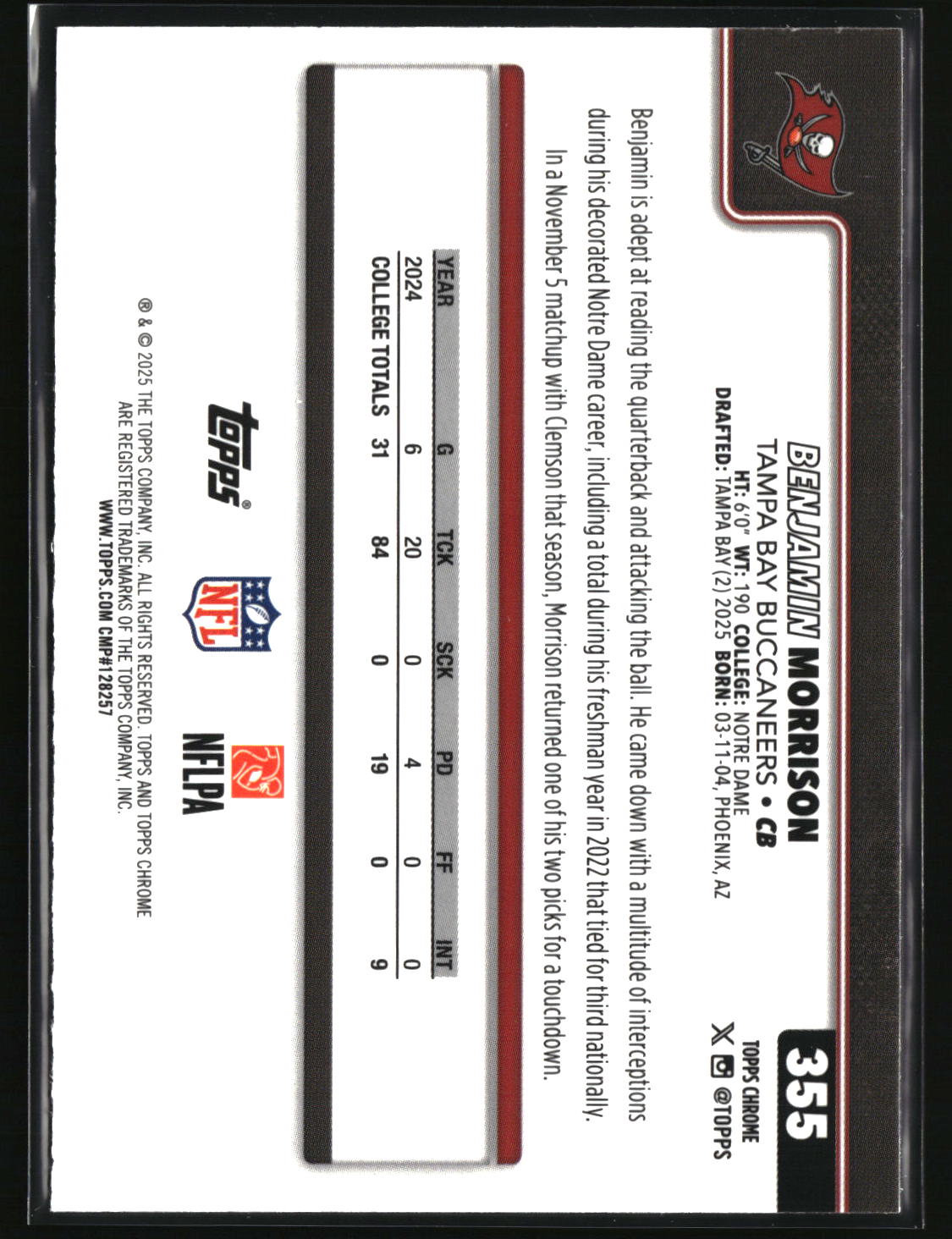 Benjamin Morrison 2025 Topps Chrome Football Leather Refractor #355