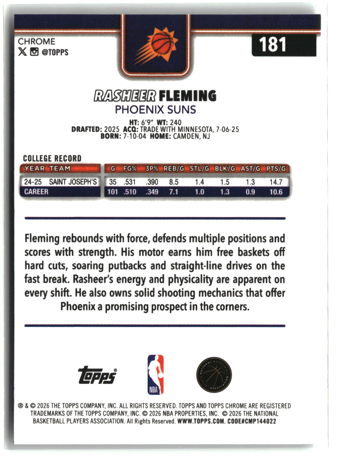 Rasheer Fleming 2025-26 Topps Chrome Update #181
