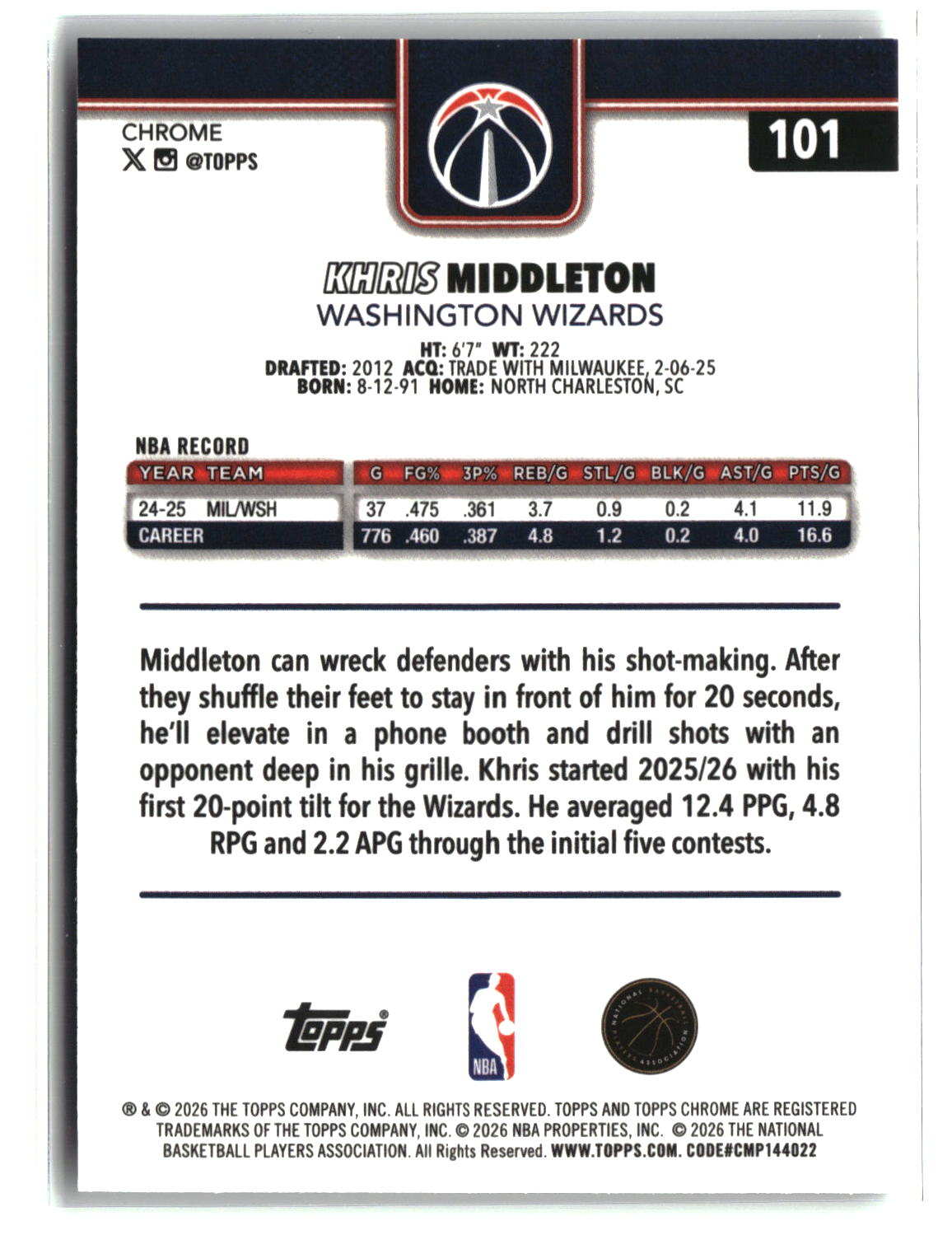 Khris Middleton 2025-26 Topps Chrome Update Prism Refractor #101