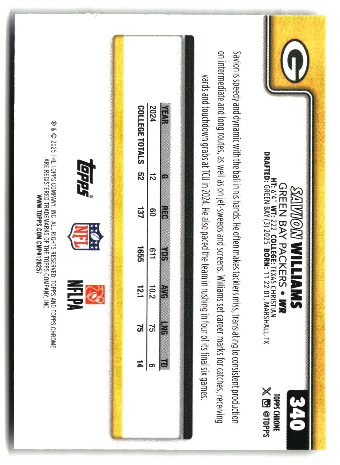 Savion Williams 2025 Topps Chrome #340