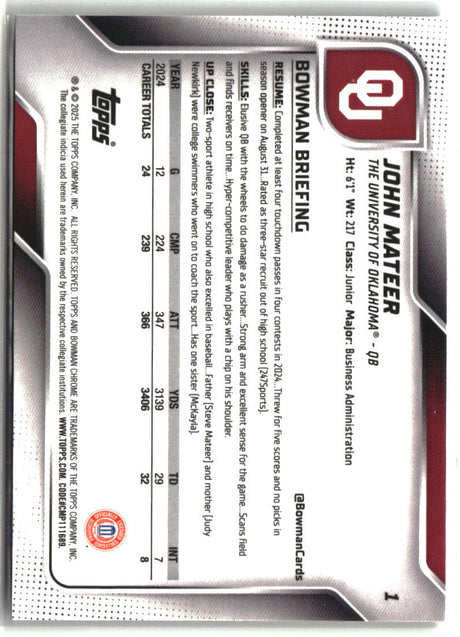 John Mateer 2025 Bowman University Chrome Yellow Refractor #1 #/350