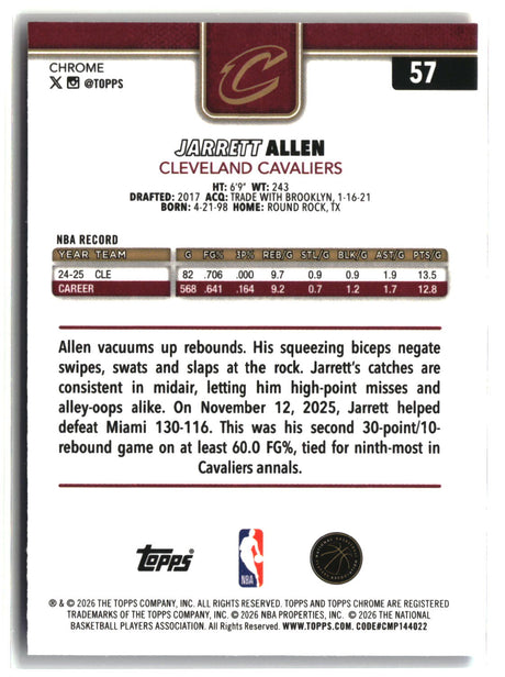 Jarrett Allen 2025-26 Topps Chrome Update Red White and Blue Refractor #57