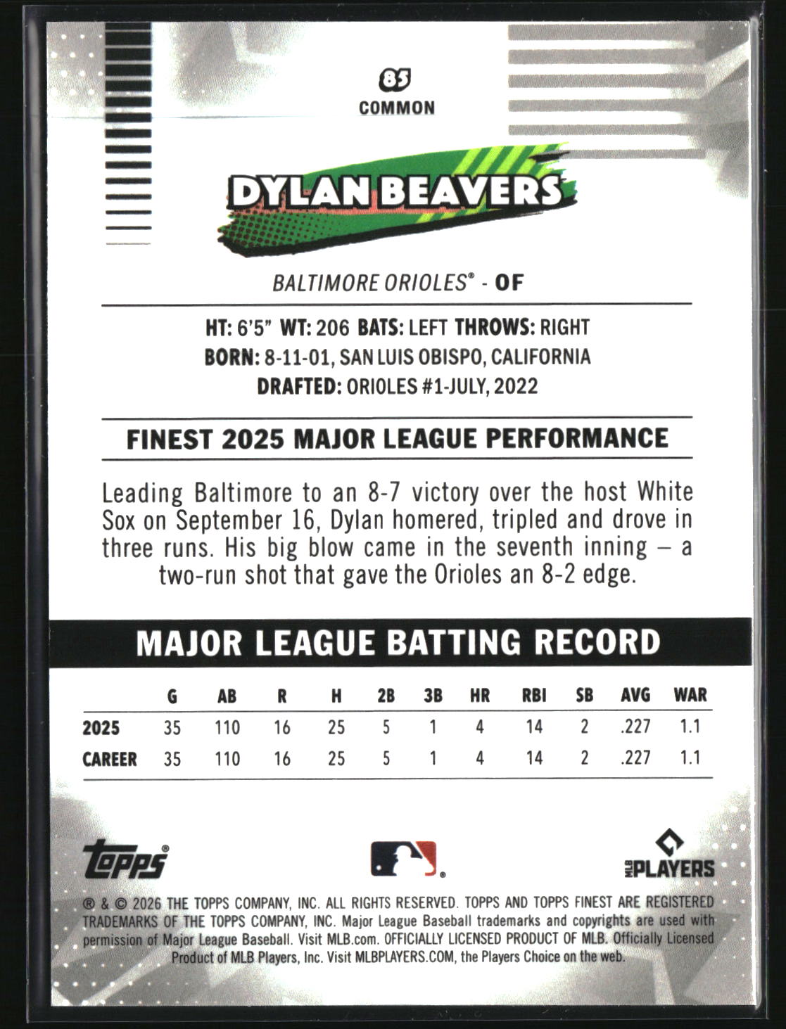 Dylan Beavers 2026 Finest #85