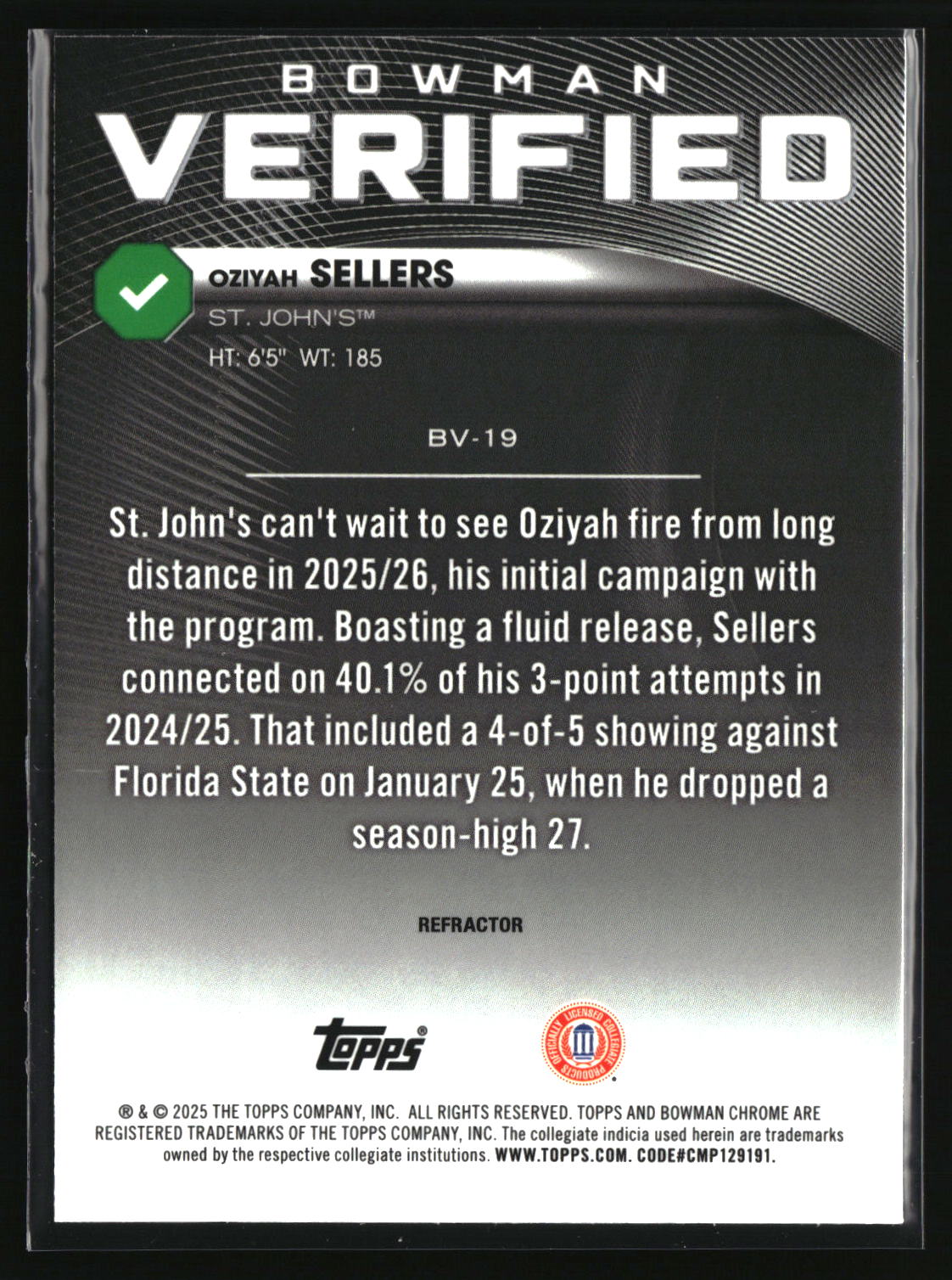 Oziyah Sellers 2025-26 Bowman Bowman Verified Refractor #BV-19