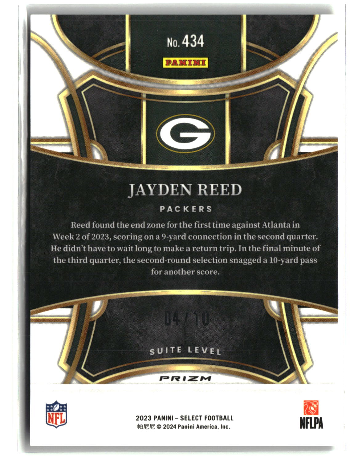Jayden Reed 2023 Panini Select Dragon Scale Gold Prizms #434 #/10