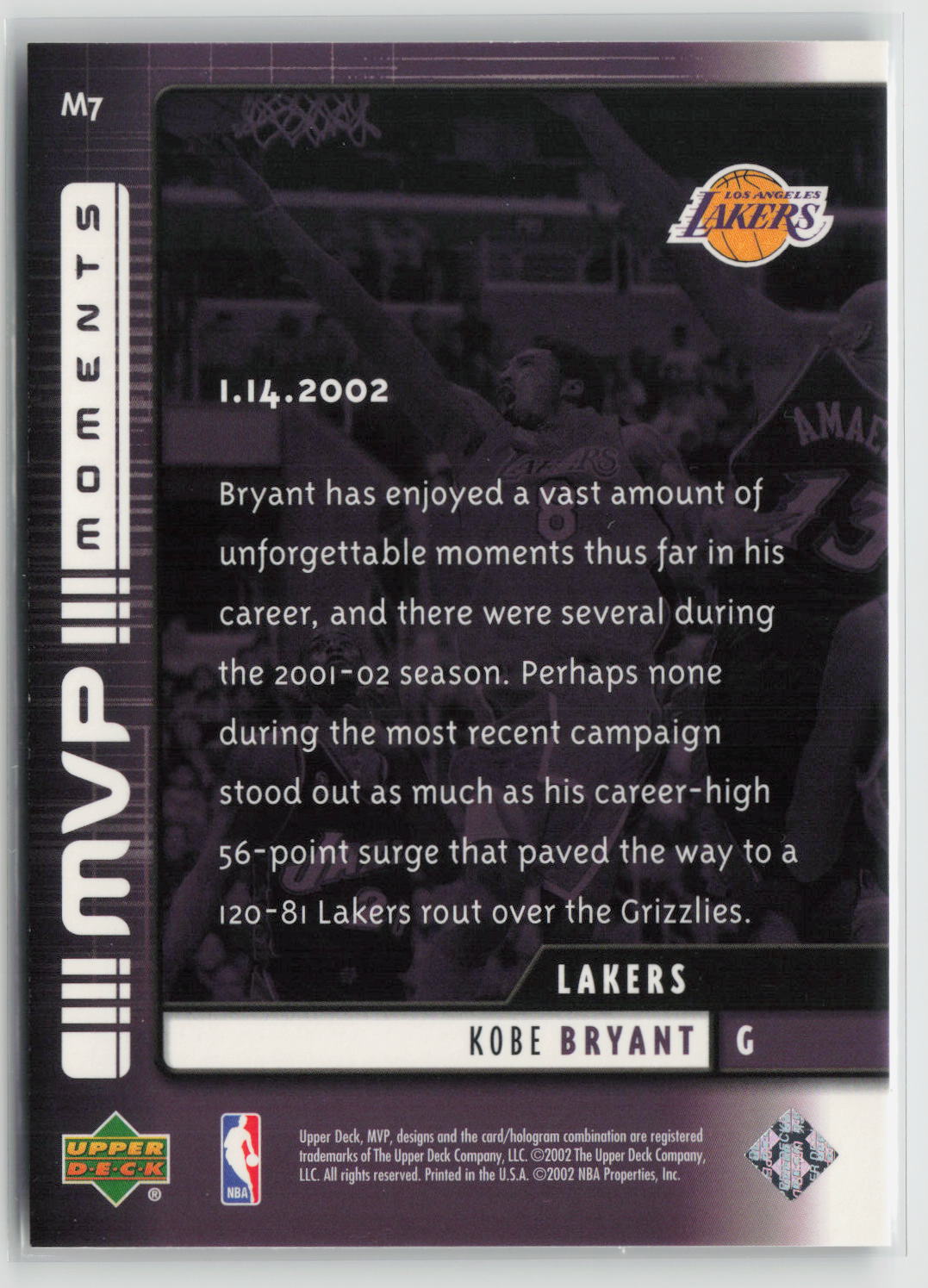 Kobe Bryant 2002-03 Upper Deck MVP MVP Moments #M7