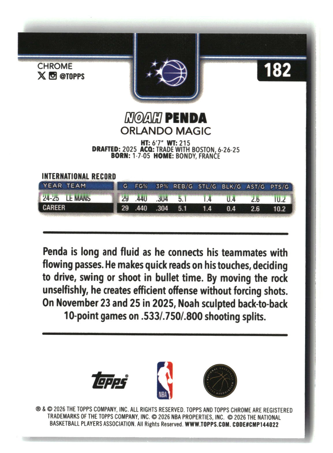 Noah Penda 2025-26 Topps Chrome Update #182