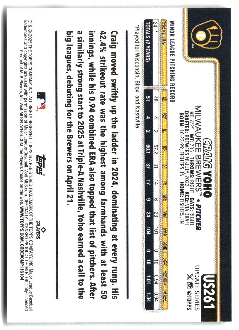 Craig Yoho 2025 Topps Update #US261
