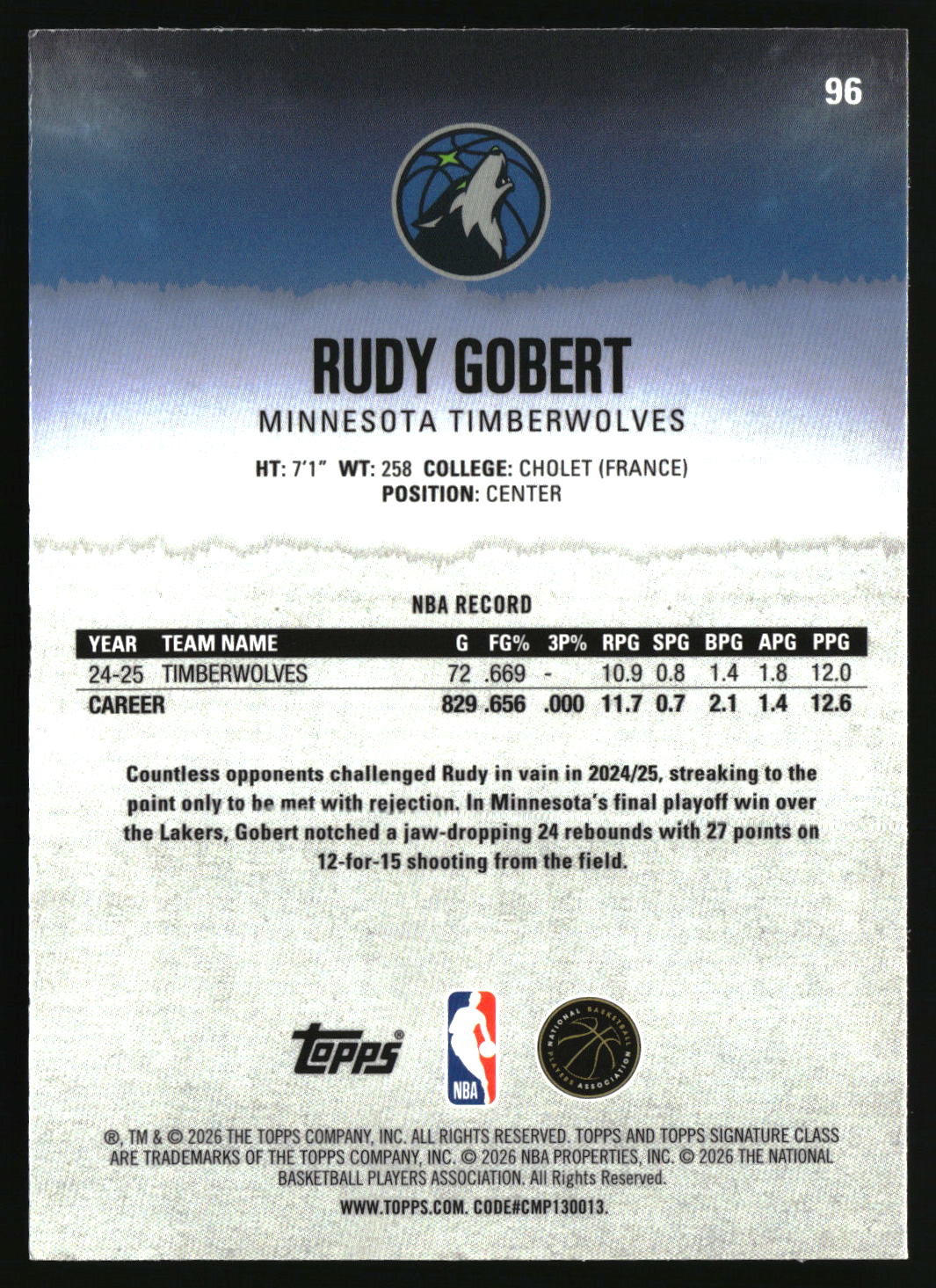 Rudy Gobert 2025-26 Topps Signature Class Chrome #96