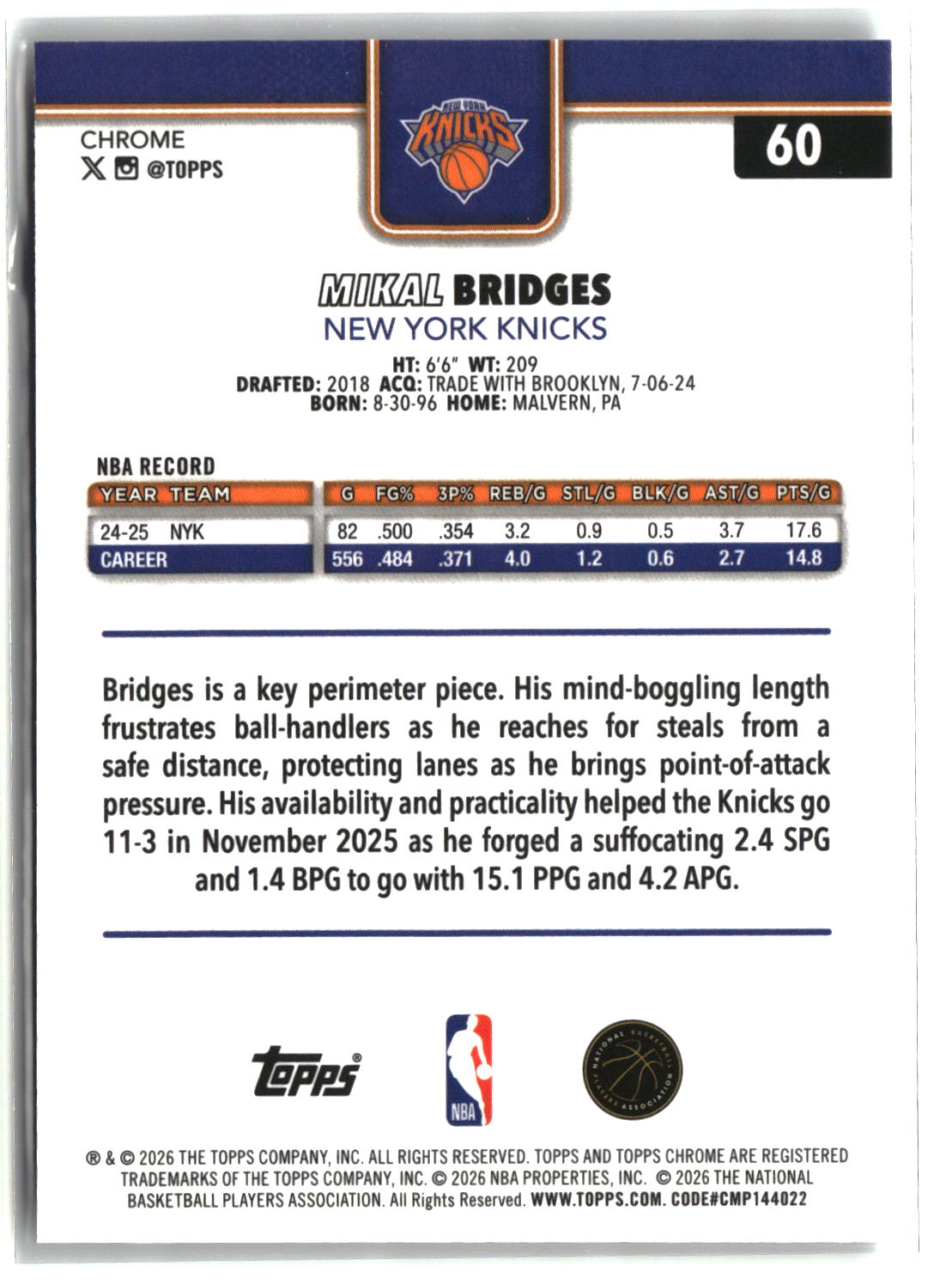 Mikal Bridges 2025-26 Topps Chrome Update RayWave Refractor #60