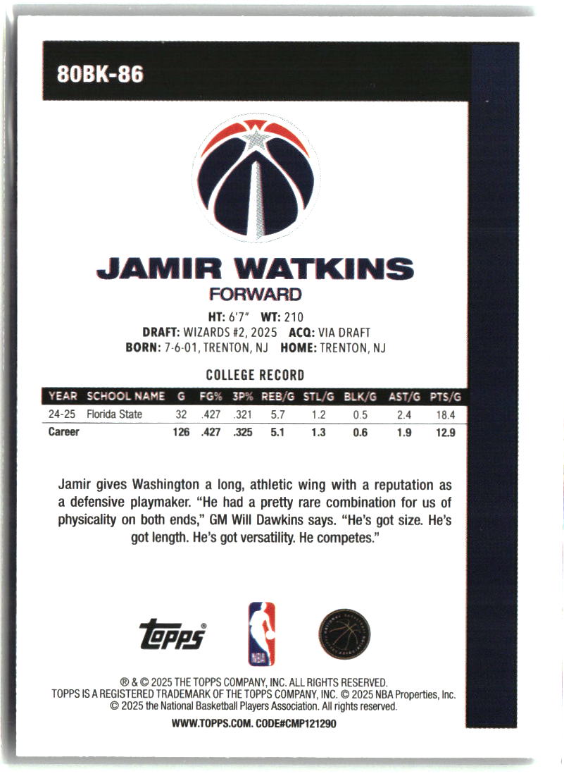 Jamir Watkins 2025-26 Topps 1980-81 Topps Basketball #80BK-86
