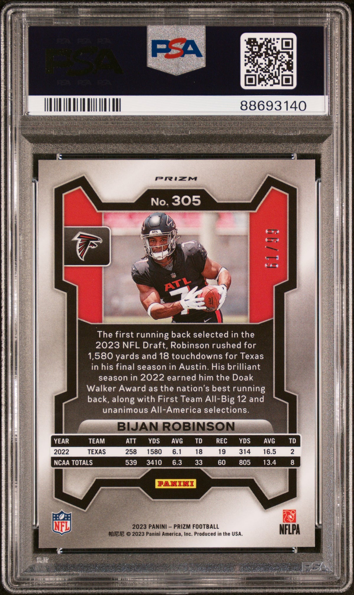 Bijan Robinson 2023 Panini Prizm Blue Ice #305 61/99 PSA 10