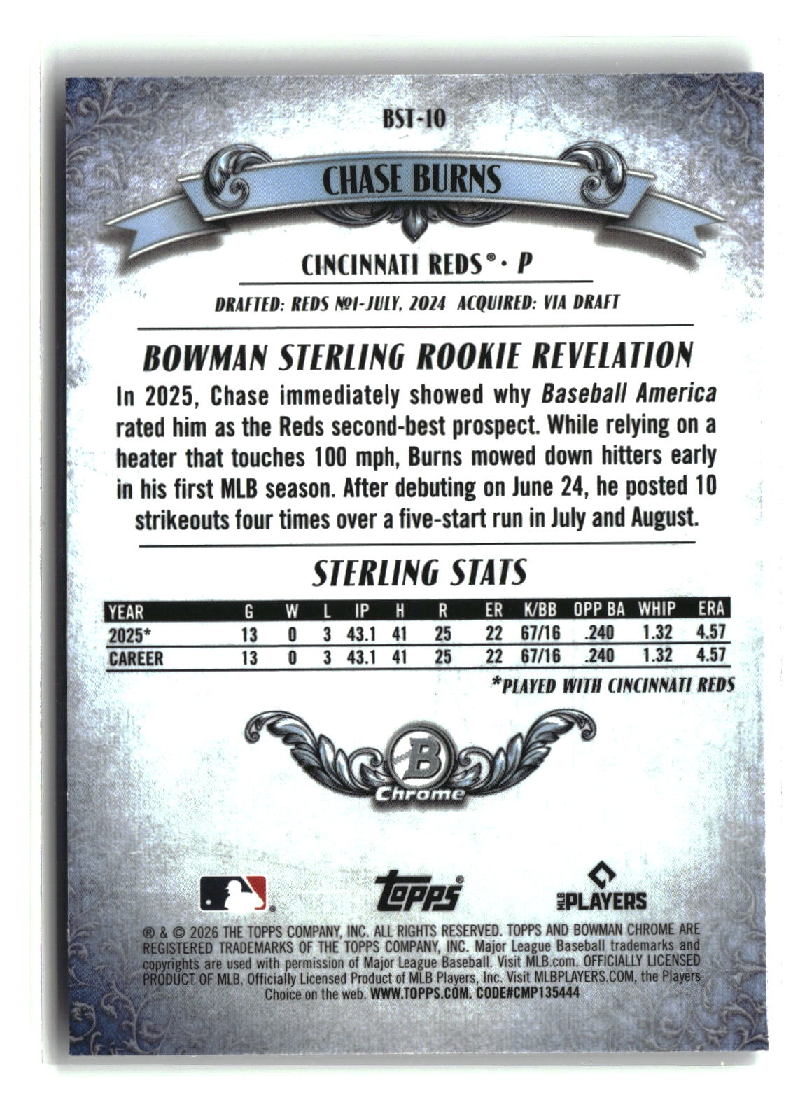 Chase Burns 2026 Bowman Bowman Sterling #BST-10