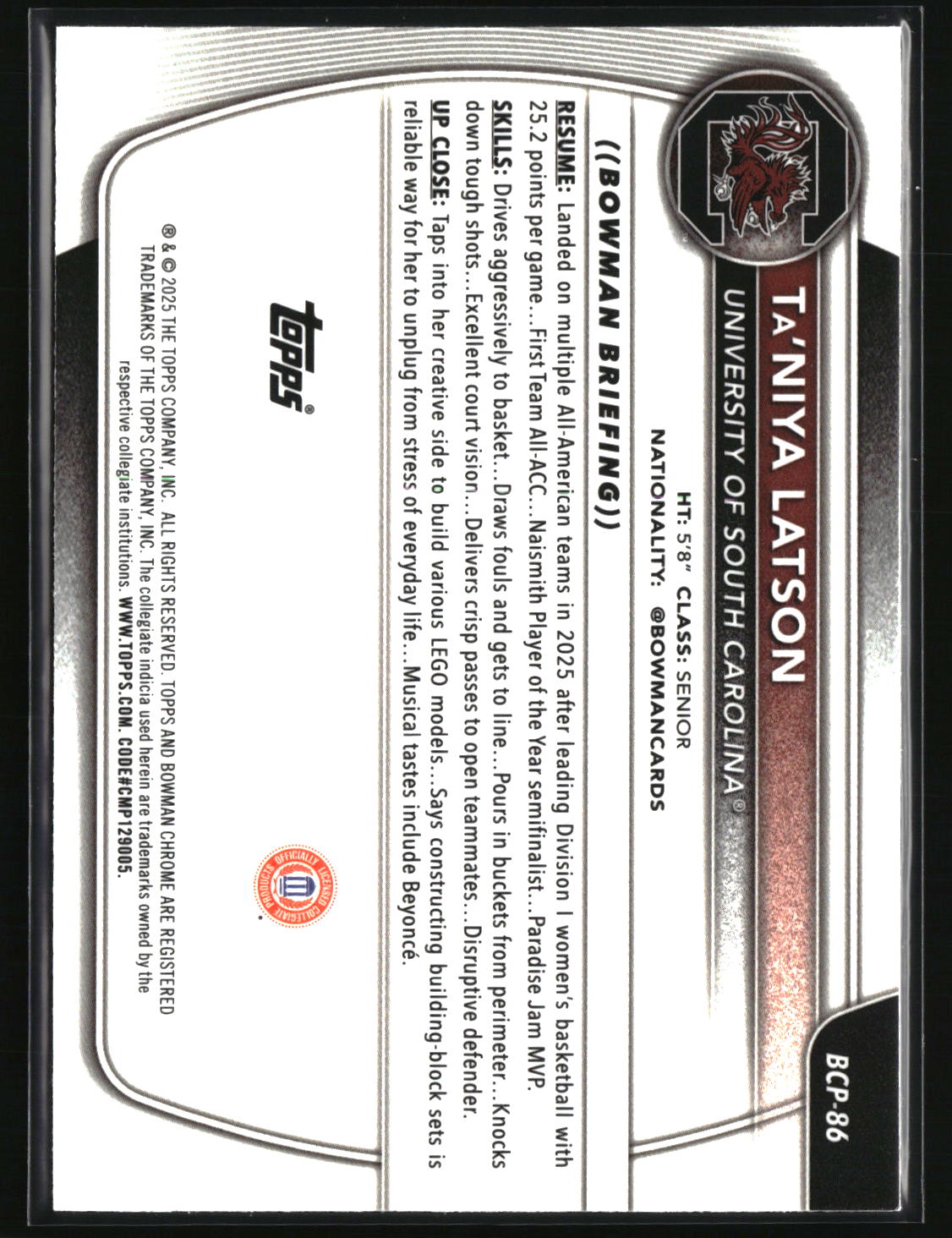 Ta'Niya Latson 2025-26 Bowman Chrome Prospects Reptilian Refractor #BCP-86