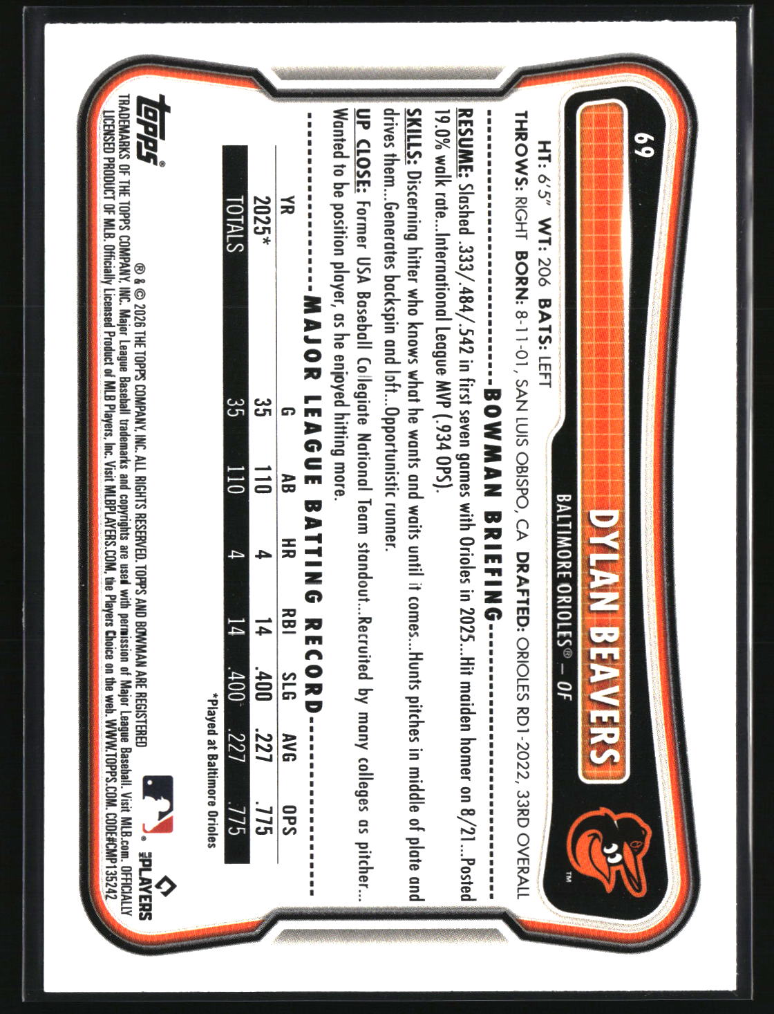 Dylan Beavers 2026 Bowman #69