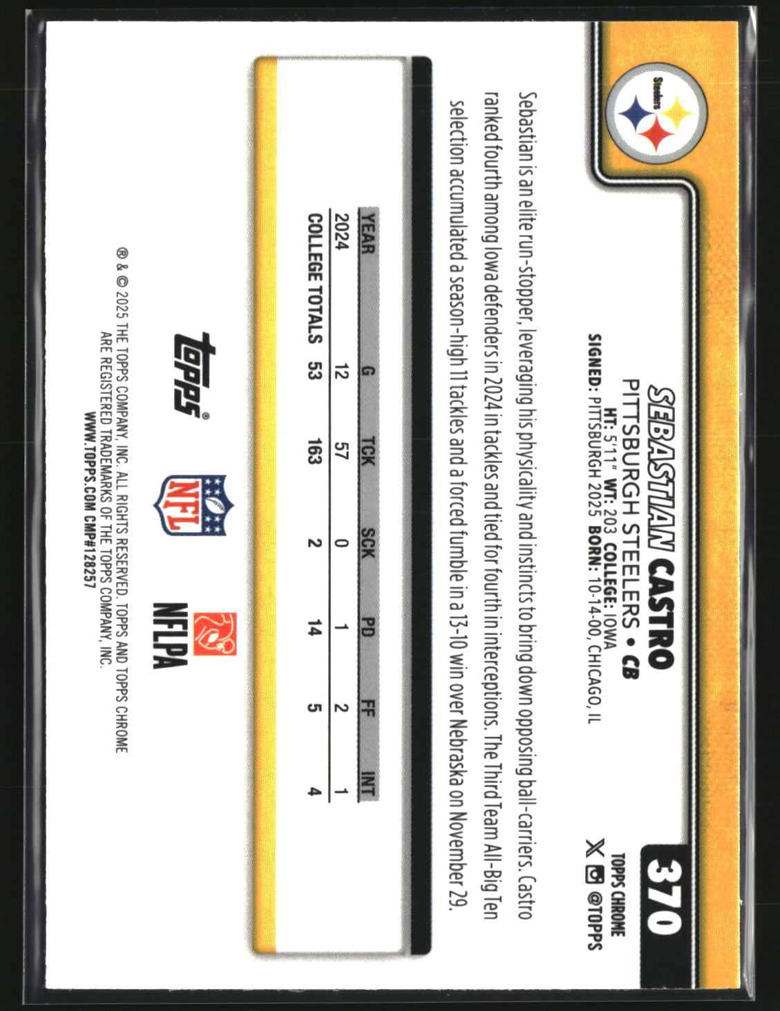 Sebastain Castro 2025 Topps Chrome Football Pink Wave Refractor /250 #370