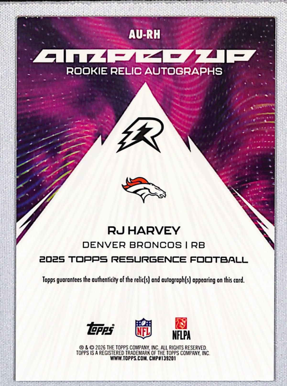 RJ Harvey 2025 Topps Resurgence Amped Up Rookie Relic Auto White Surge Ref AU-RH