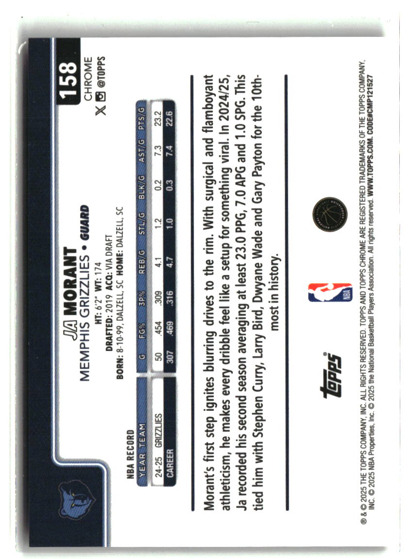 Ja Morant 2025-26 Topps Chrome Orange Basketball Refractor #158 #/25