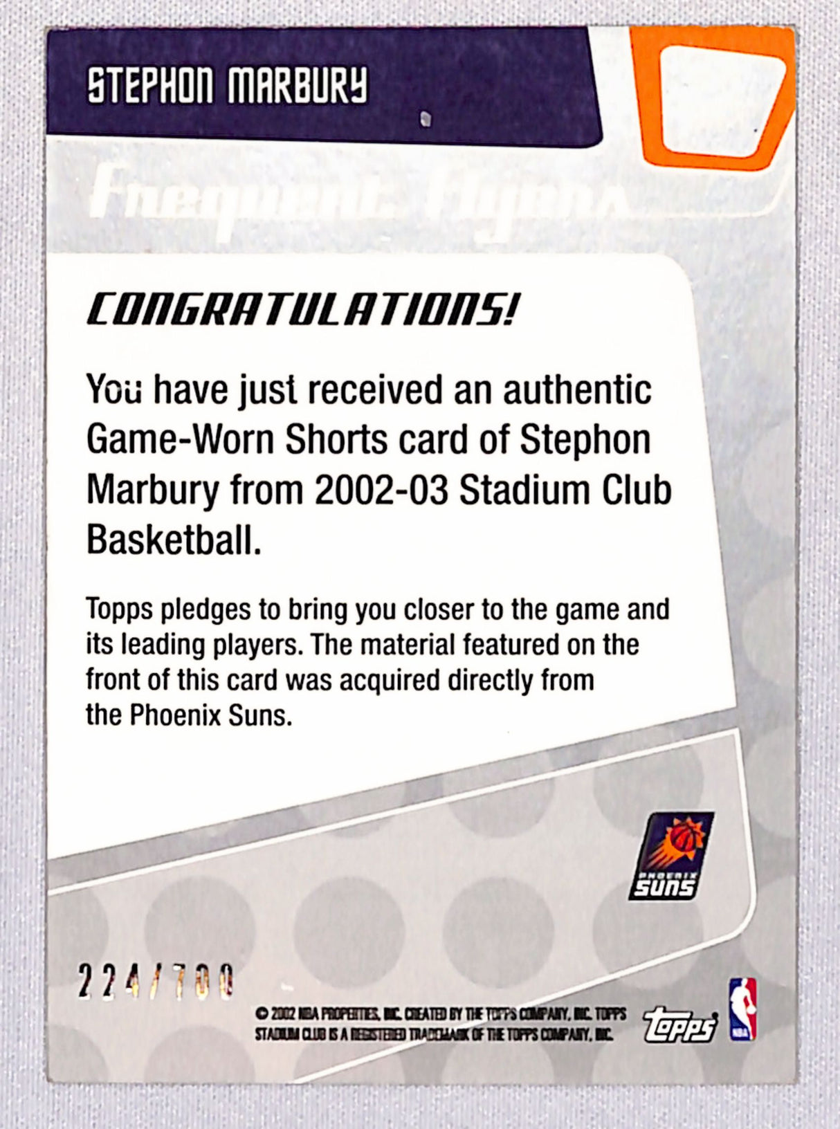 Stephon Marbury 2002-03 Stadium Club Frequent Flyers Relics #FF-SM #/700