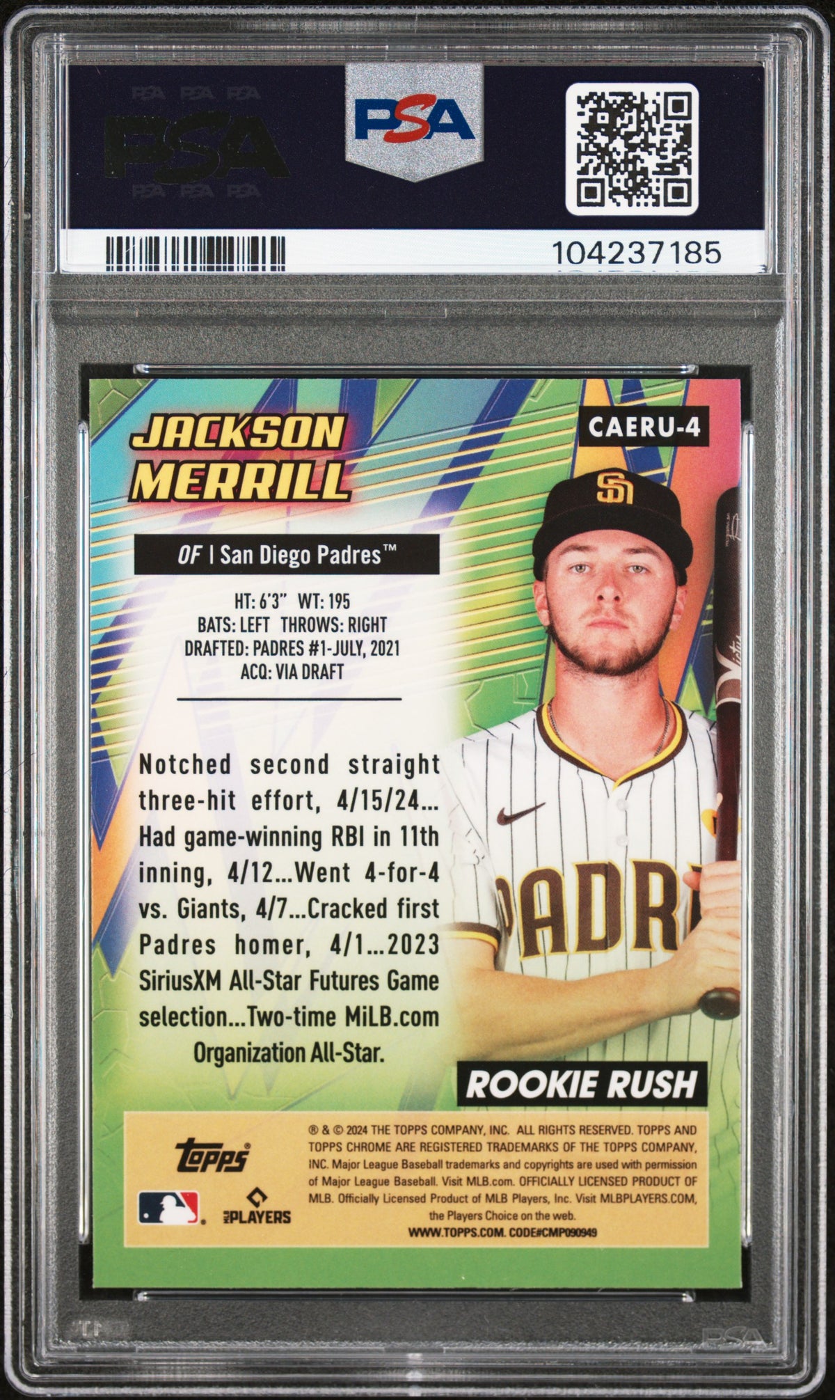 Jackson Merrill 2024 Topps Chrome Upd All-Etch Rookie Rush #CAERU-4 PSA 10