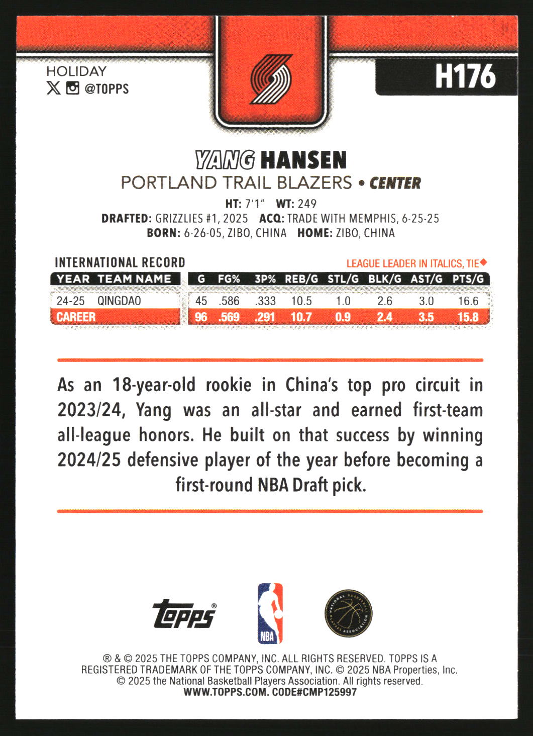 Yang Hansen 2025-26 Topps Holiday #H176