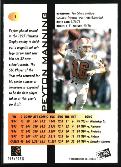 Peyton Manning 1998 Press Pass #1