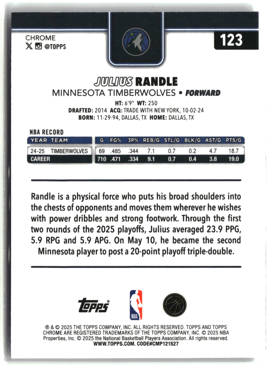 Julius Randle 2025-26 Topps Chrome X-Fractor #123