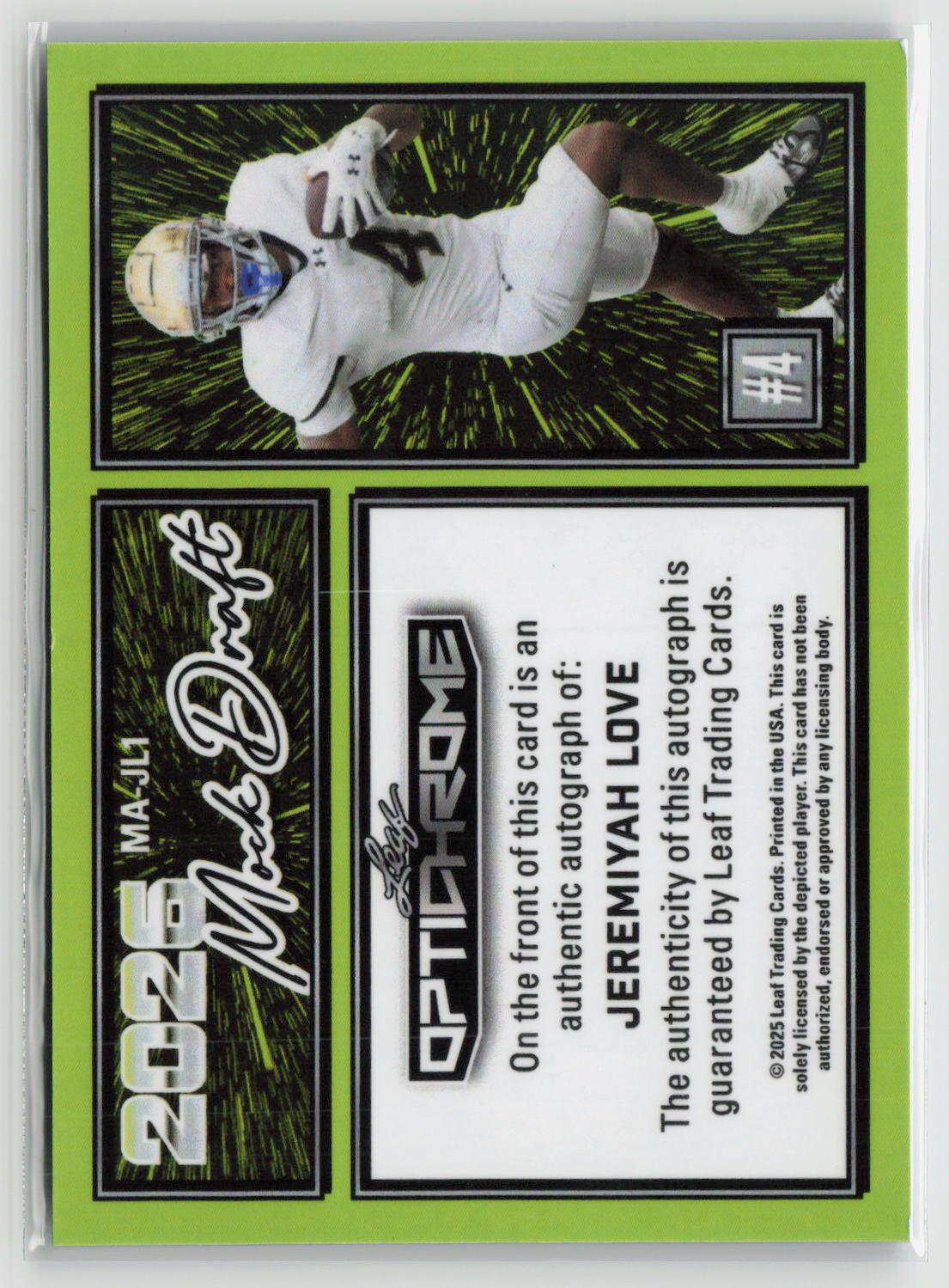 Jeremiyah Love 2025 Leaf Optichrome Autographs Crystal Blue #MA-JL1 #/3