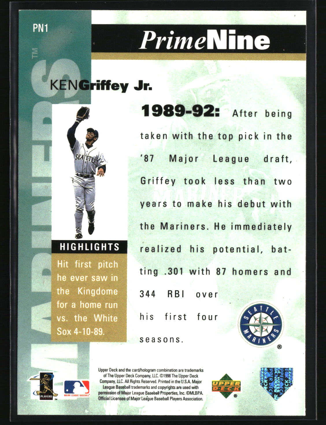 Ken Griffey Jr. 1998 Upper Deck Prime Nine #PN1
