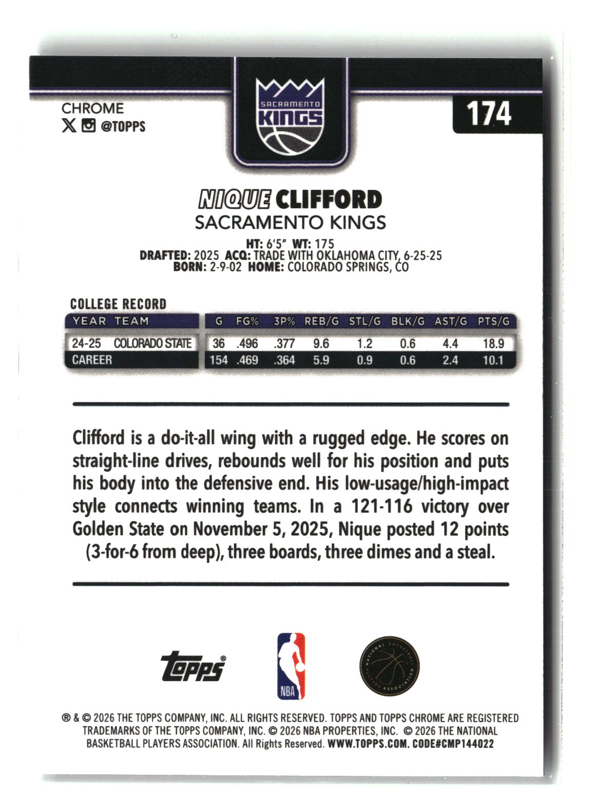 Nique Clifford 2025-26 Topps Chrome Update #174