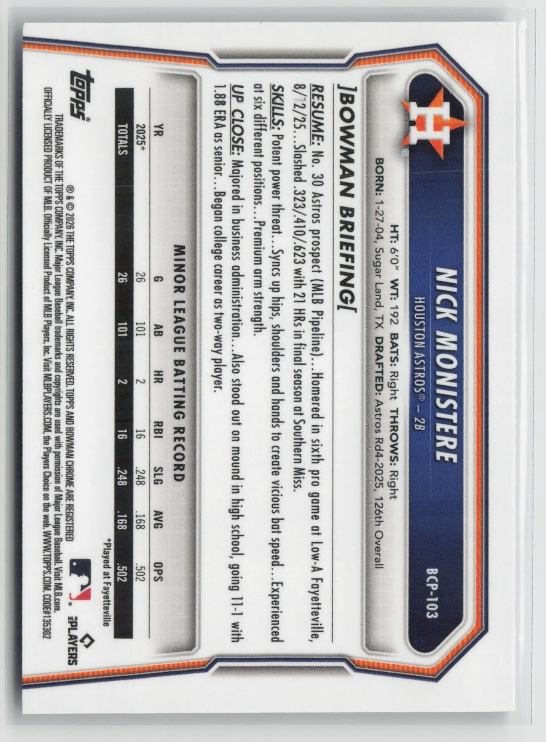 Nick Monistere 2026 Bowman Chrome Prospects Bowman LogoFractor #BCP-103 2/35