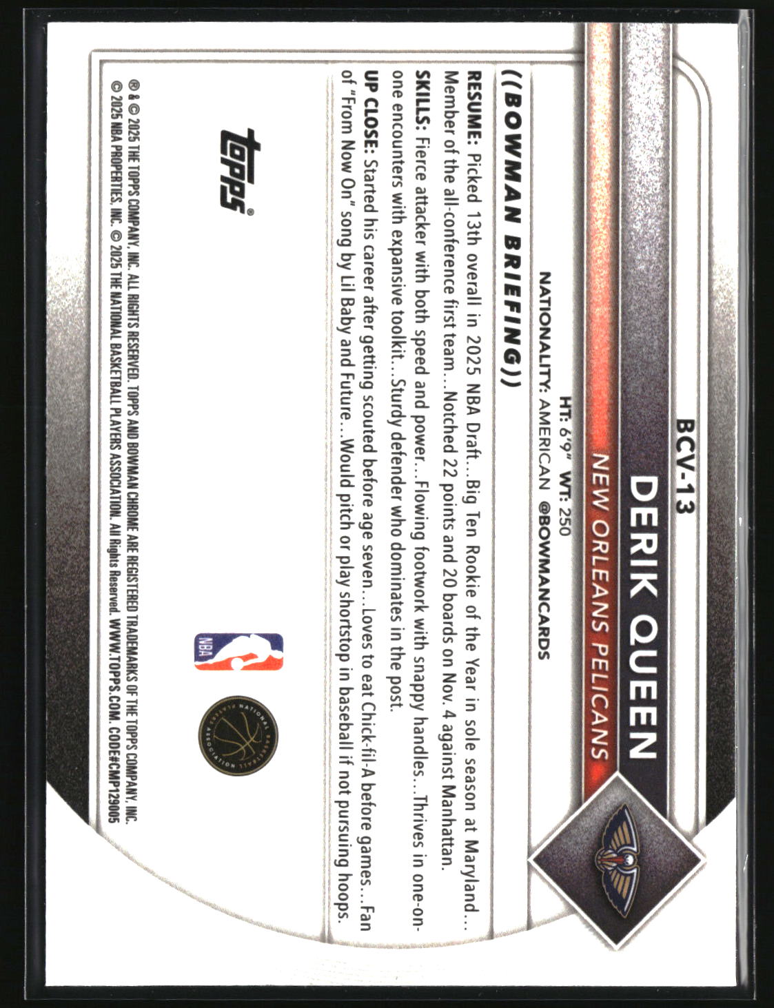 Derik Queen 2025-26 Bowman Chrome Reptilian Refractor #BCV-13