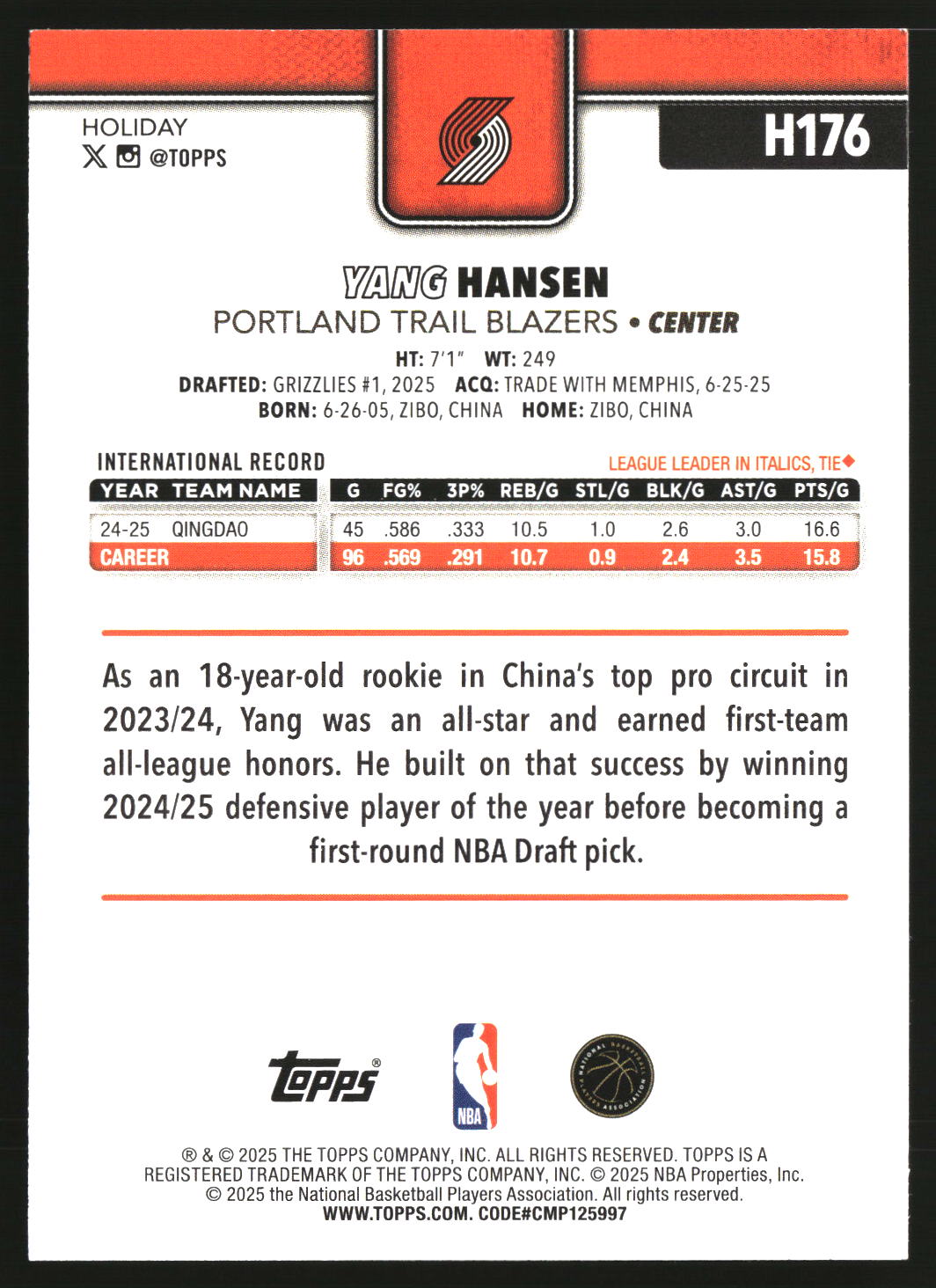 Yang Hansen 2025-26 Topps Holiday #H176