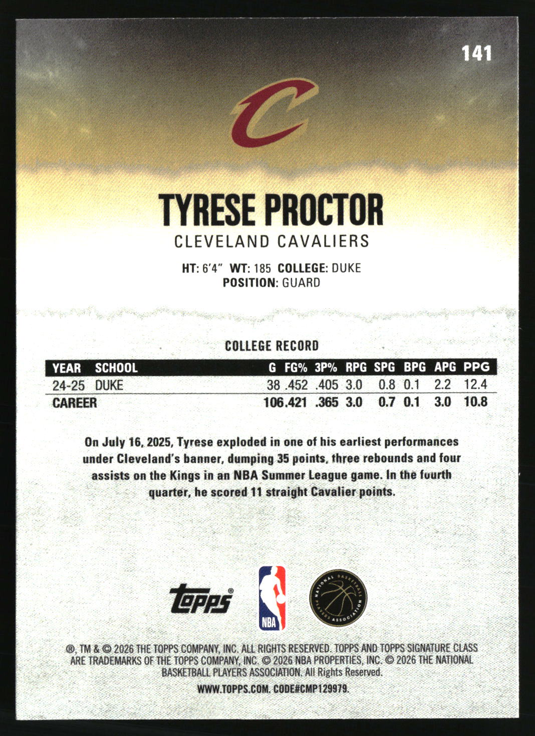 Tyrese Proctor 2025-26 Topps Signature Class #141