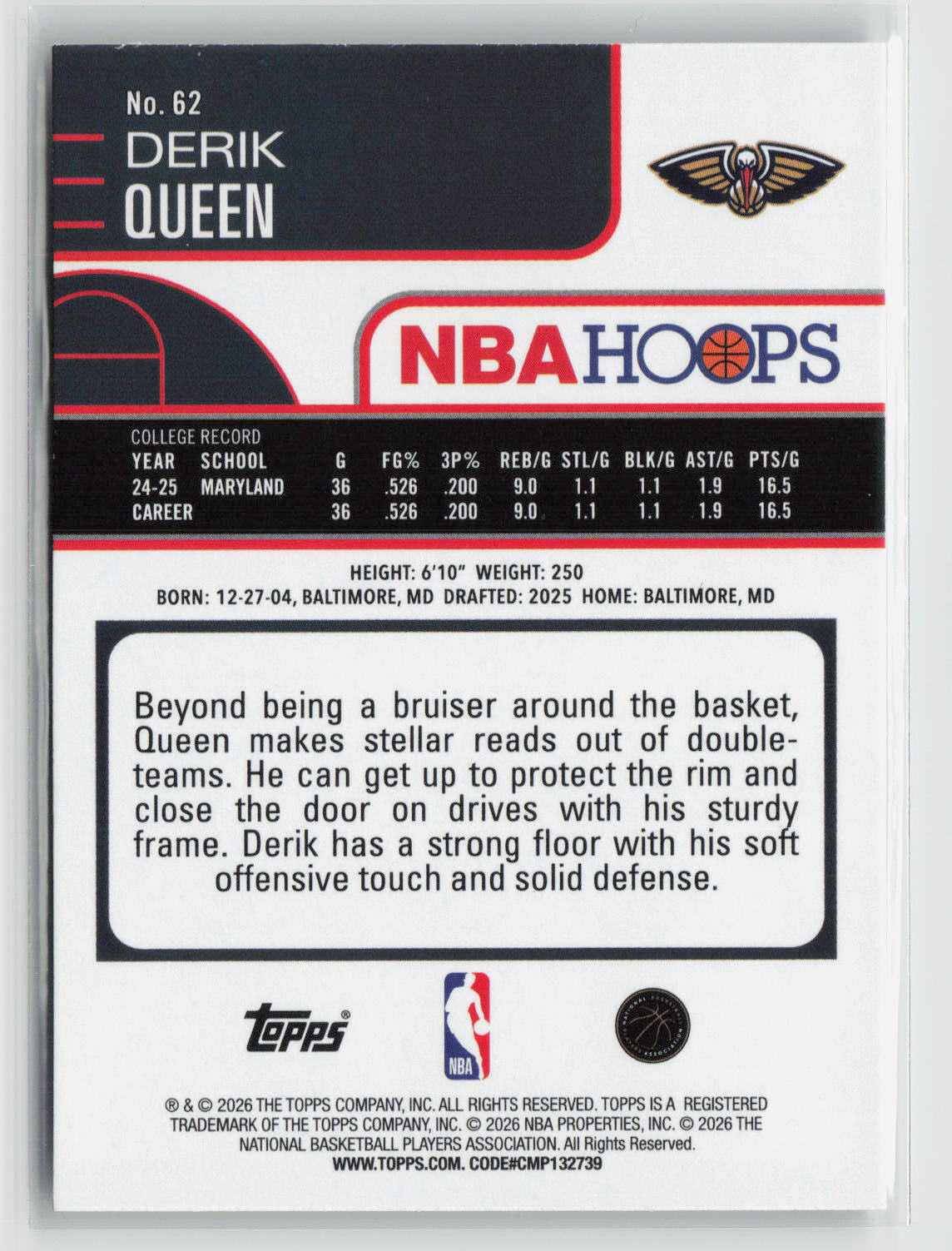 Derik Queen 2025-26 Hoops #62
