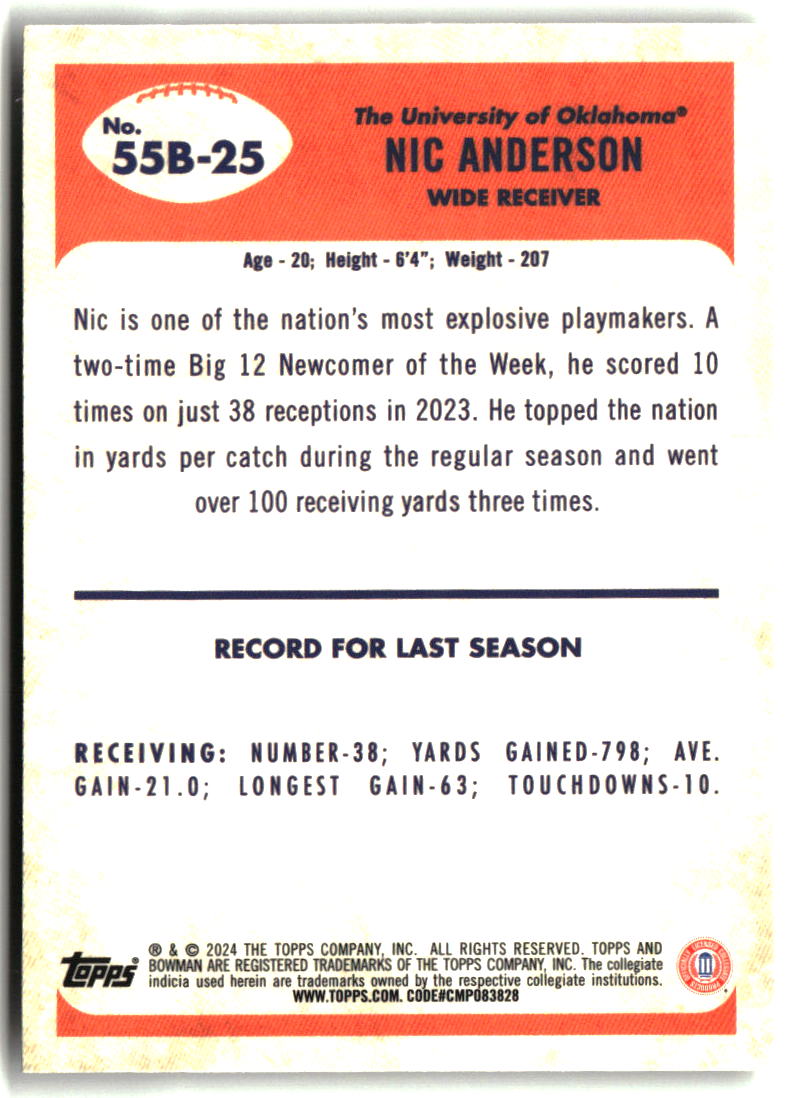 Nic Anderson 2024 Bowman University Chrome 1955 Bowman Football #55B-25