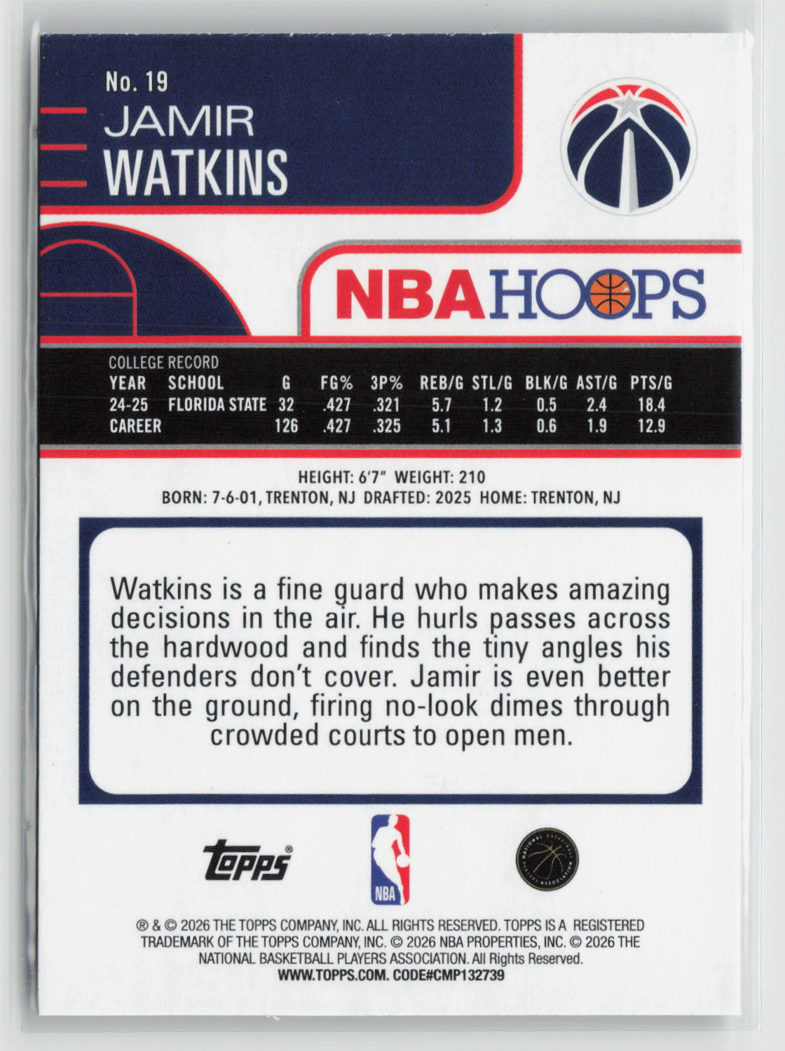 Jamir Watkins 2025-26 Hoops #19