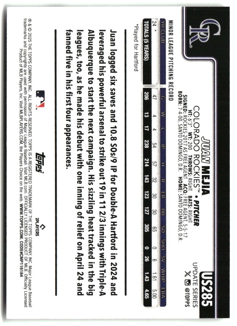 Juan Mejia 2025 Topps Update #US285