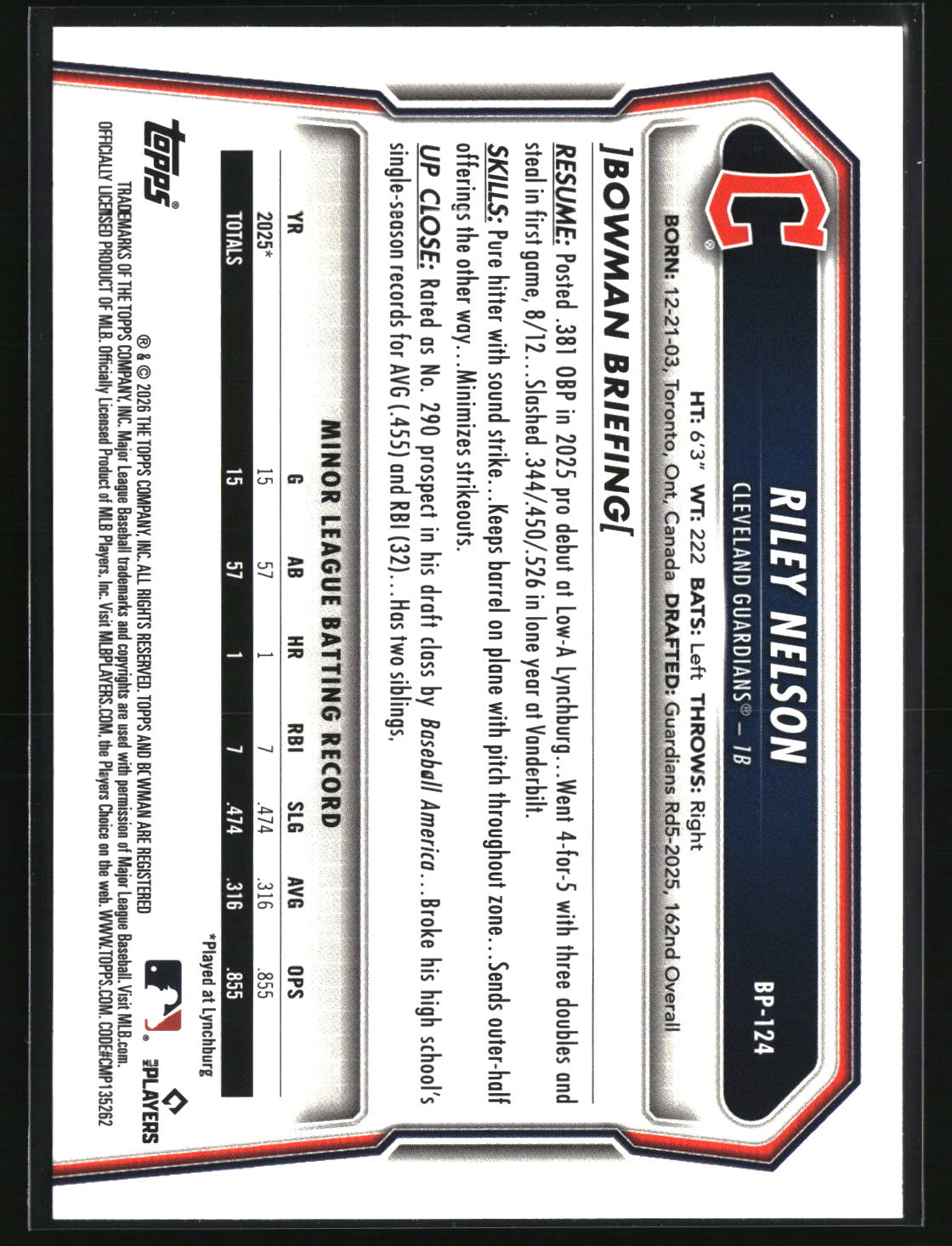 Riley Nelson 2026 Bowman Prospects #BP-124