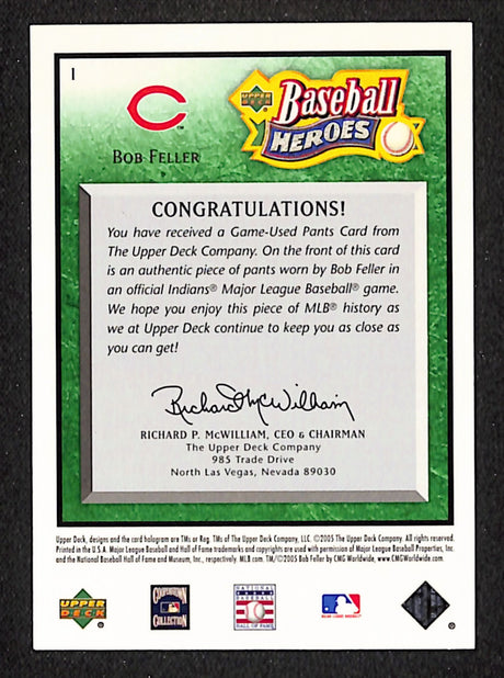 Bob Feller 2005 Upper Deck Baseball Heroes Memorabilia Emerald #1 #/99