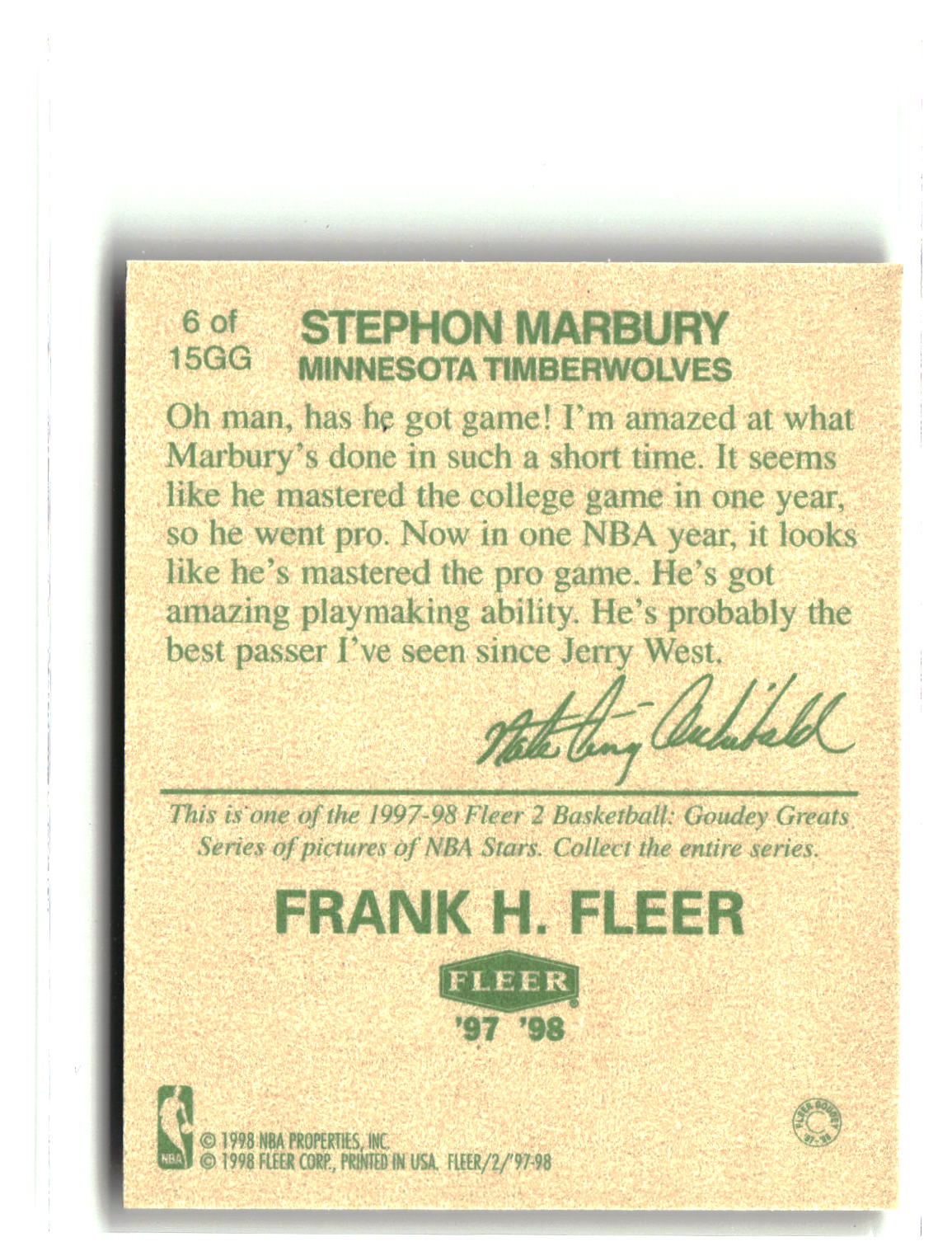 Stephon Marbury 1997-98 Fleer Goudey Greats #6GG