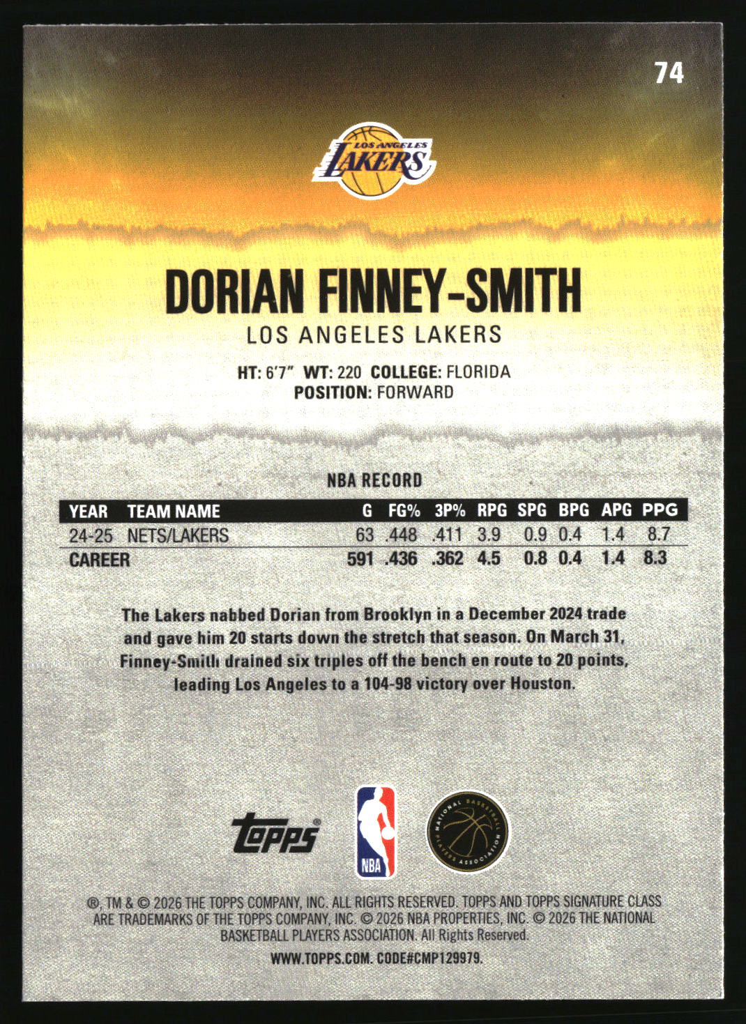 Dorian Finney-Smith 2025-26 Topps Signature Class #74