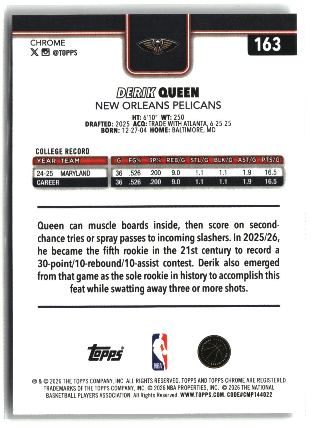 Derik Queen 2025-26 Topps Chrome Update #163