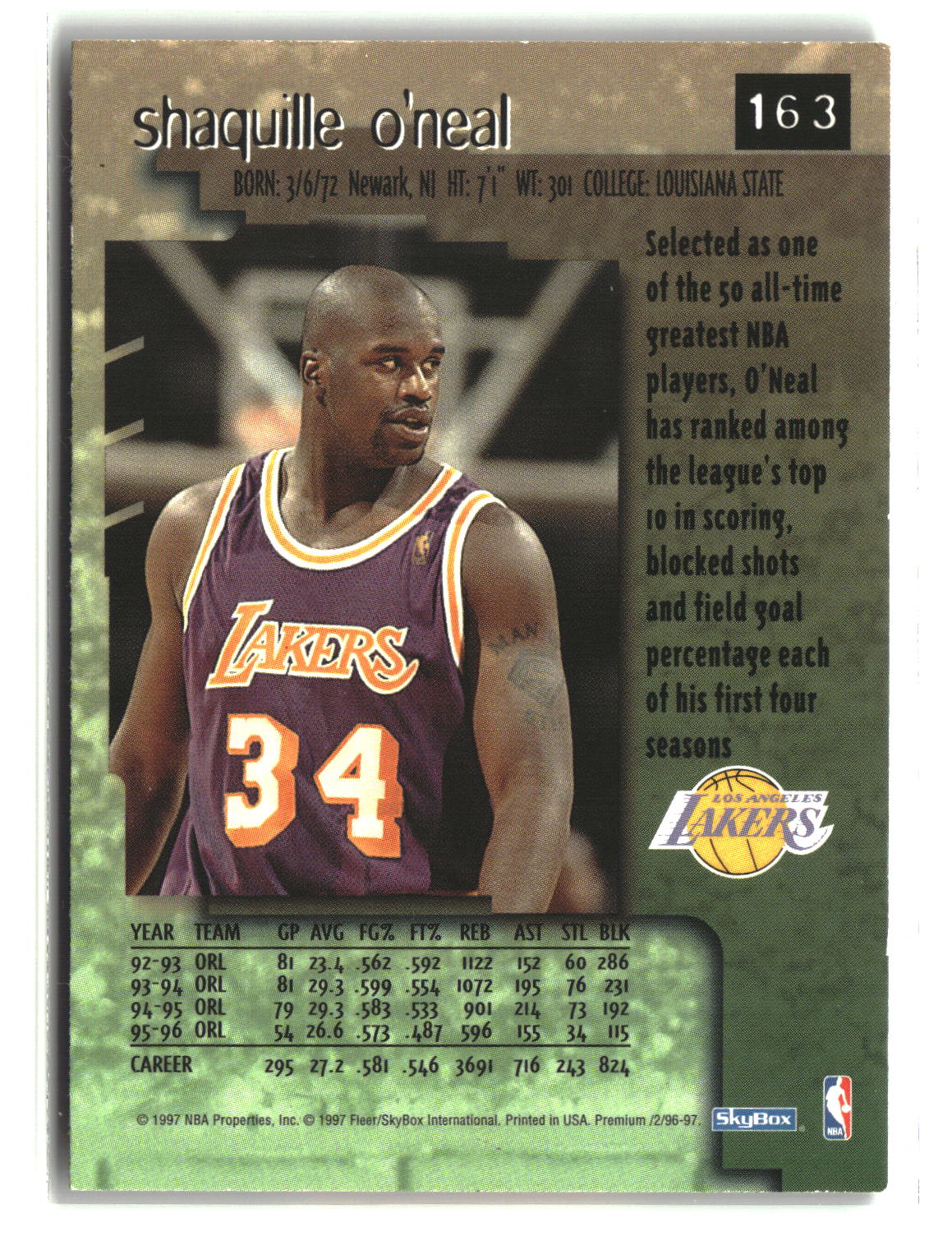 Shaquille O'Neal 1996-97 SkyBox Premium #163