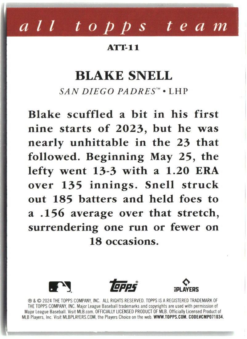 Blake Snell 2024 Topps 2023 All Topps Team #ATT-11